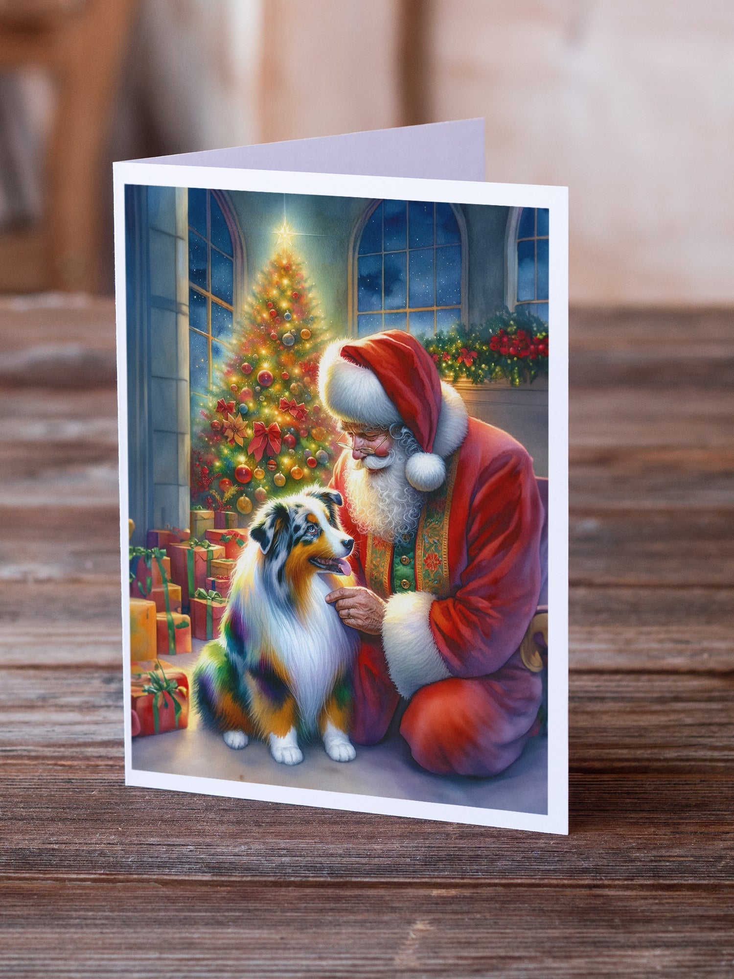Australian Shepherd and Santa Claus Greeting Cards Pack of 8 Blank Cards with Envelopes Whimsical A7 Size 5x7