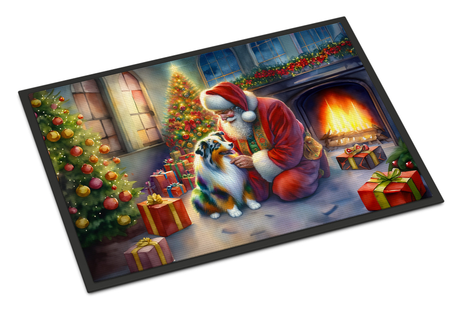 Australian Shepherd and Santa Claus Doormat Indoor Outdoor 24H X 36W Front Door Mat Rugs for Entryway, Non Slip Washable Low Pile,