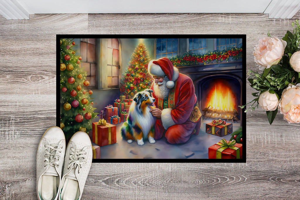 Australian Shepherd and Santa Claus Doormat Indoor Outdoor 24H X 36W Front Door Mat Rugs for Entryway, Non Slip Washable Low Pile,