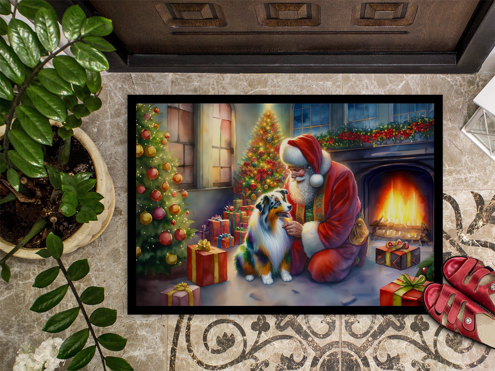 Australian Shepherd and Santa Claus Doormat Indoor Outdoor 24H X 36W Front Door Mat Rugs for Entryway, Non Slip Washable Low Pile,