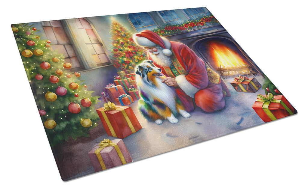 Australian Shepherd and Santa Claus Cutting Board Tempered Glass Kitchen Cutting Surface, Heat Resistant Chopping, Non-Slip Feet, Food Prep & Serving