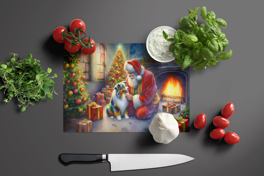 Australian Shepherd and Santa Claus Cutting Board Tempered Glass Kitchen Cutting Surface, Heat Resistant Chopping, Non-Slip Feet, Food Prep & Serving