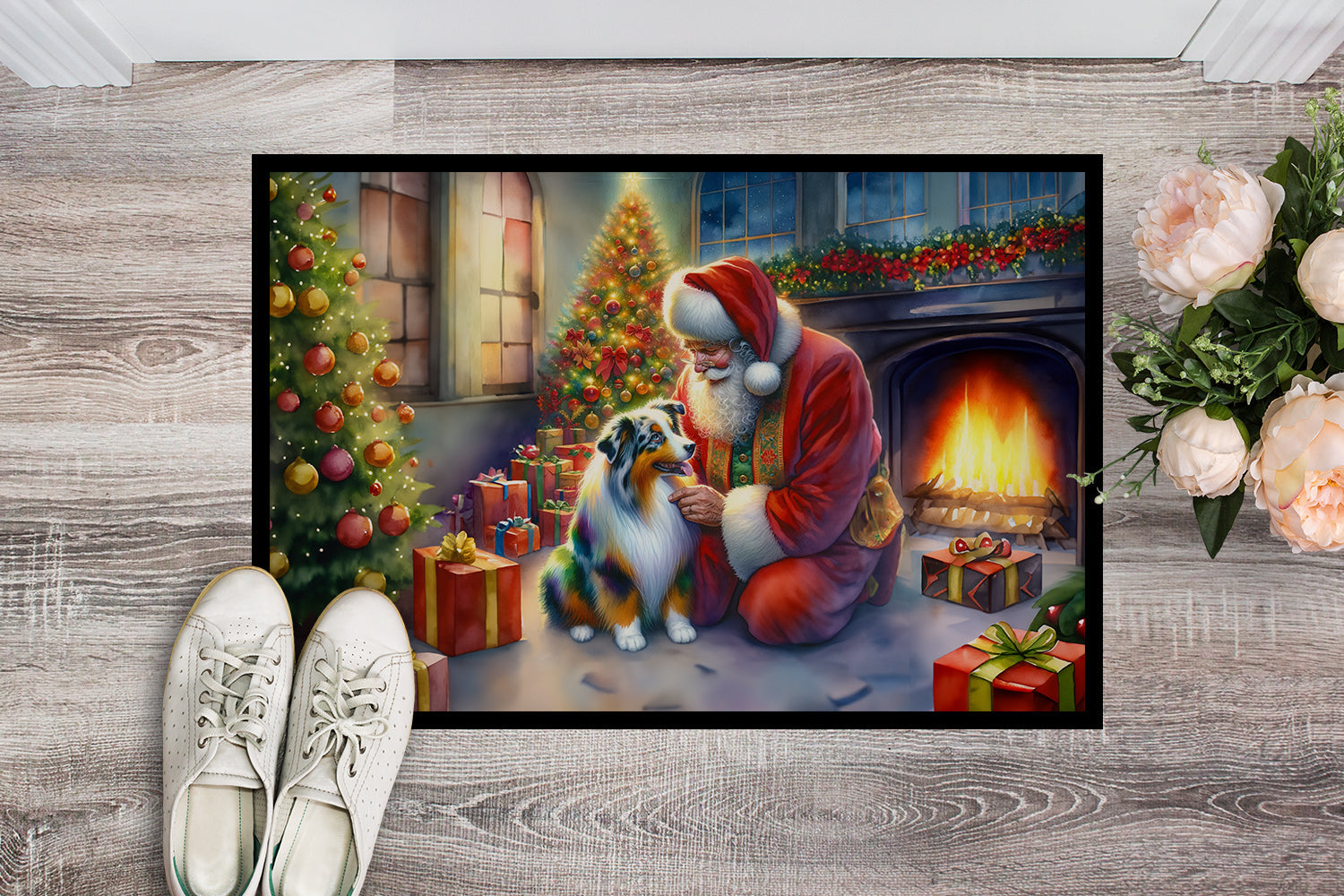 Australian Shepherd and Santa Claus Doormat Indoor Outdoor 18H X 27W Front Door Mat Rugs for Entryway, Non Slip Washable