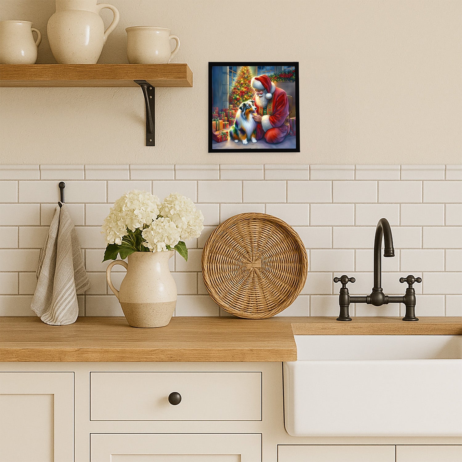 Australian Shepherd and Santa Claus Framed Metal Print Bathroom, Kitchen, Office, Home Decor Wall Art Ready to Hang, Square, 8X8