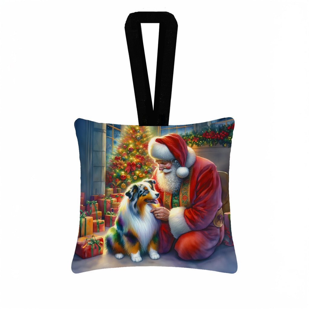 Australian Shepherd and Santa Claus Hanging Square Fabric Ornament 3.5 × 3.5 Decorative Door-Knob & Tree Hanger, Soft Fabric