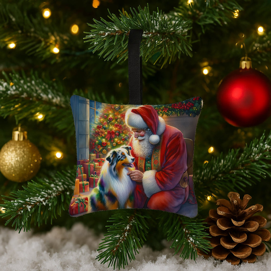 Australian Shepherd and Santa Claus Hanging Square Fabric Ornament 3.5 × 3.5 Decorative Door-Knob & Tree Hanger, Soft Fabric