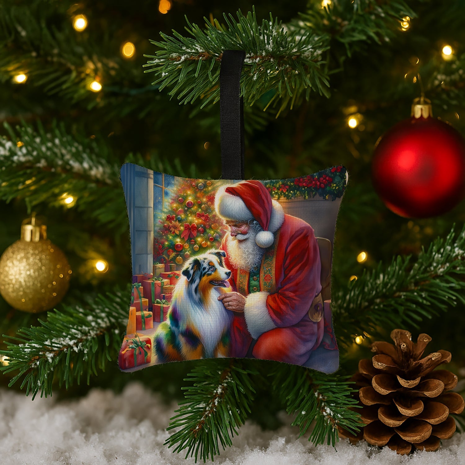 Australian Shepherd and Santa Claus Hanging Square Fabric Ornament 3.5 × 3.5 Decorative Door-Knob & Tree Hanger, Soft Fabric