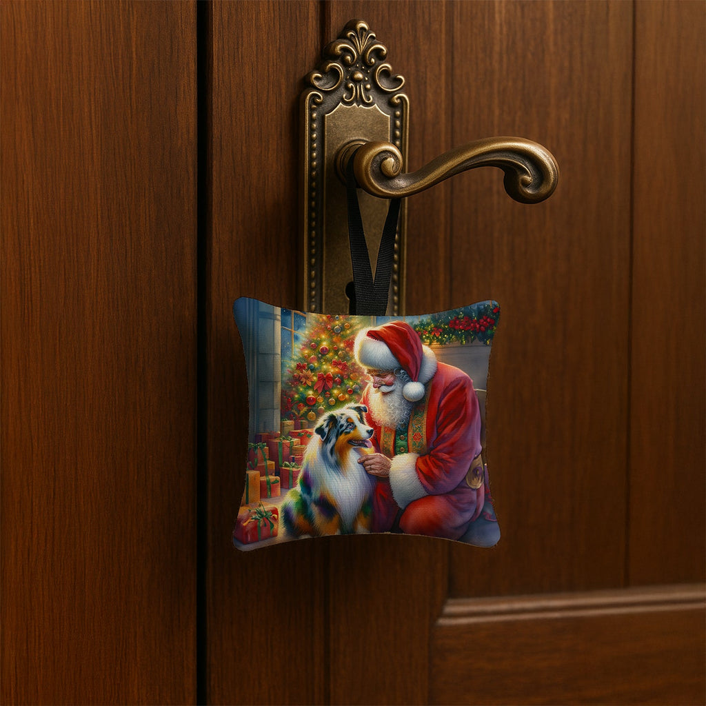 Australian Shepherd and Santa Claus Hanging Square Fabric Ornament 3.5 × 3.5 Decorative Door-Knob & Tree Hanger, Soft Fabric