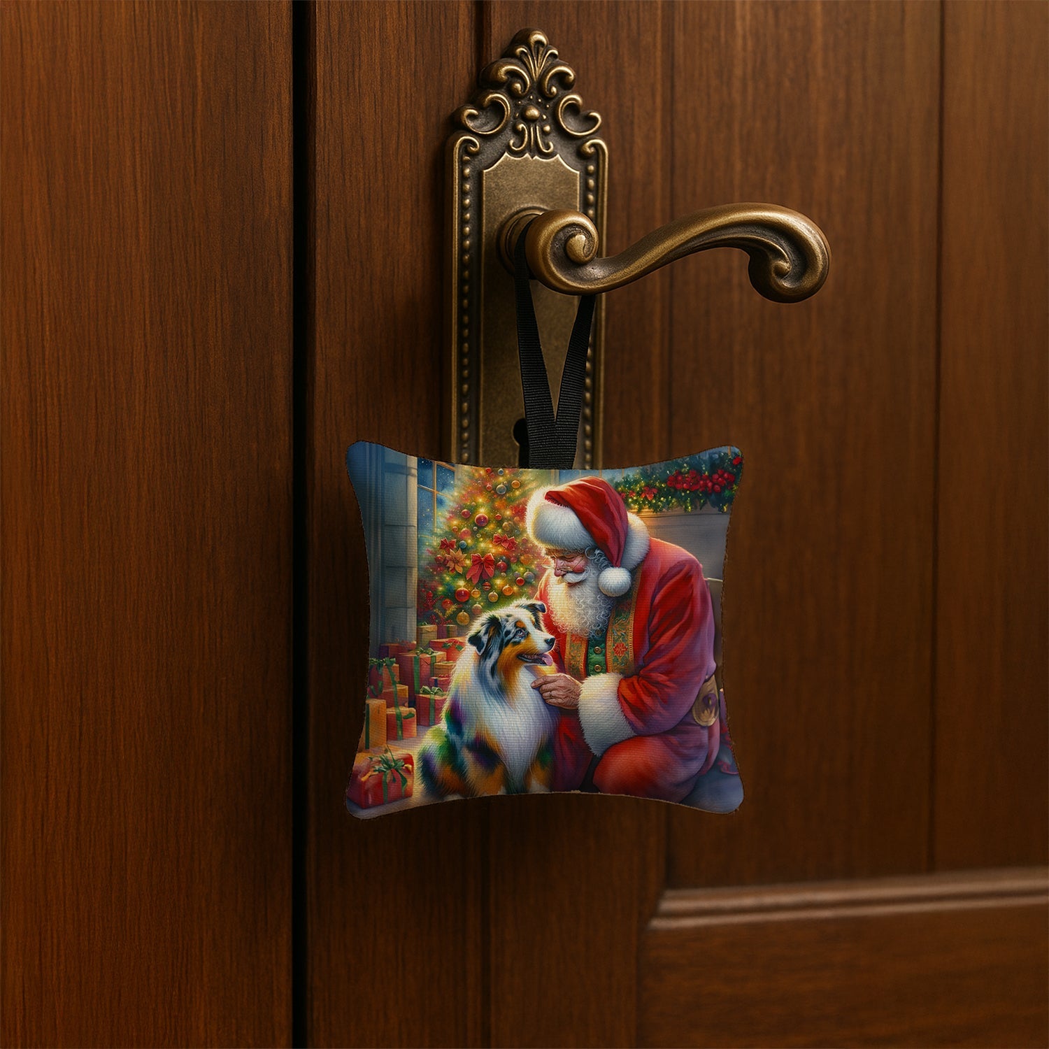 Australian Shepherd and Santa Claus Hanging Square Fabric Ornament 3.5 × 3.5 Decorative Door-Knob & Tree Hanger, Soft Fabric