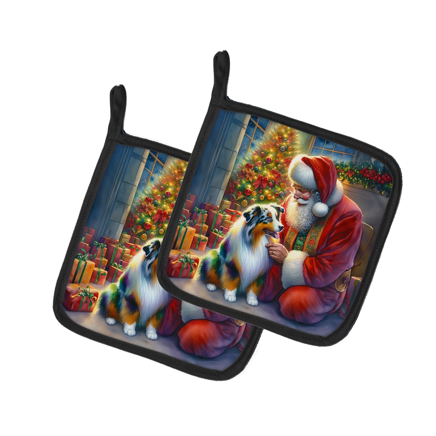 Australian Shepherd and Santa Claus Pot Holder Set of 2 Heat Resistant Quilted Hot Pads 7.5 x 7.5 Inch, Insulated Kitchen Trivets for Cooking & Baking