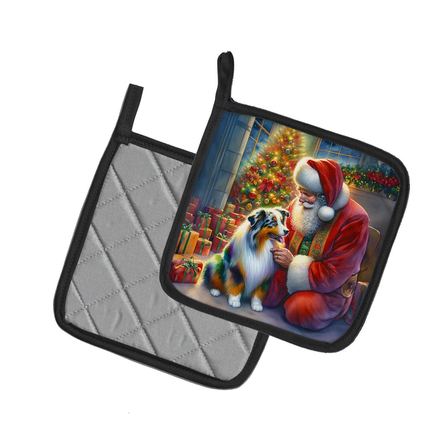 Australian Shepherd and Santa Claus Pot Holder Set of 2 Heat Resistant Quilted Hot Pads 7.5 x 7.5 Inch, Insulated Kitchen Trivets for Cooking & Baking