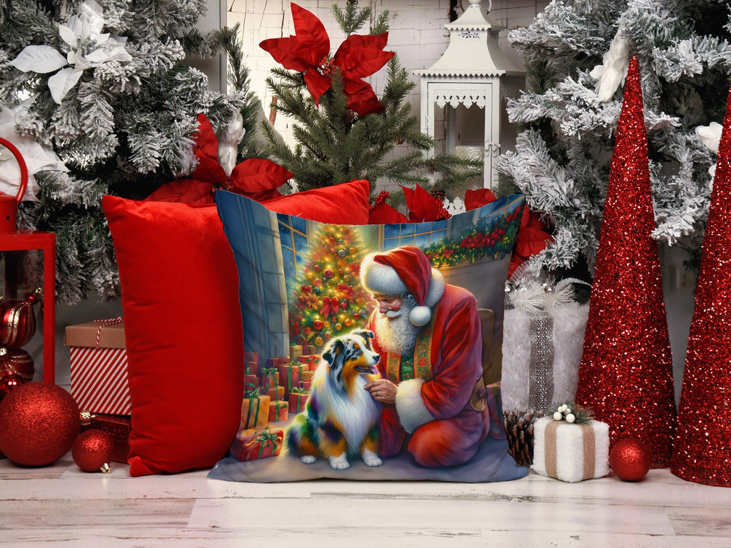 Australian Shepherd and Santa Claus Decorative Throw Pillow 14x14 Indoor Outdoor Accent Cushion, Fabric Cover with Insert for Sofa, Bed, Porch & Living Room
