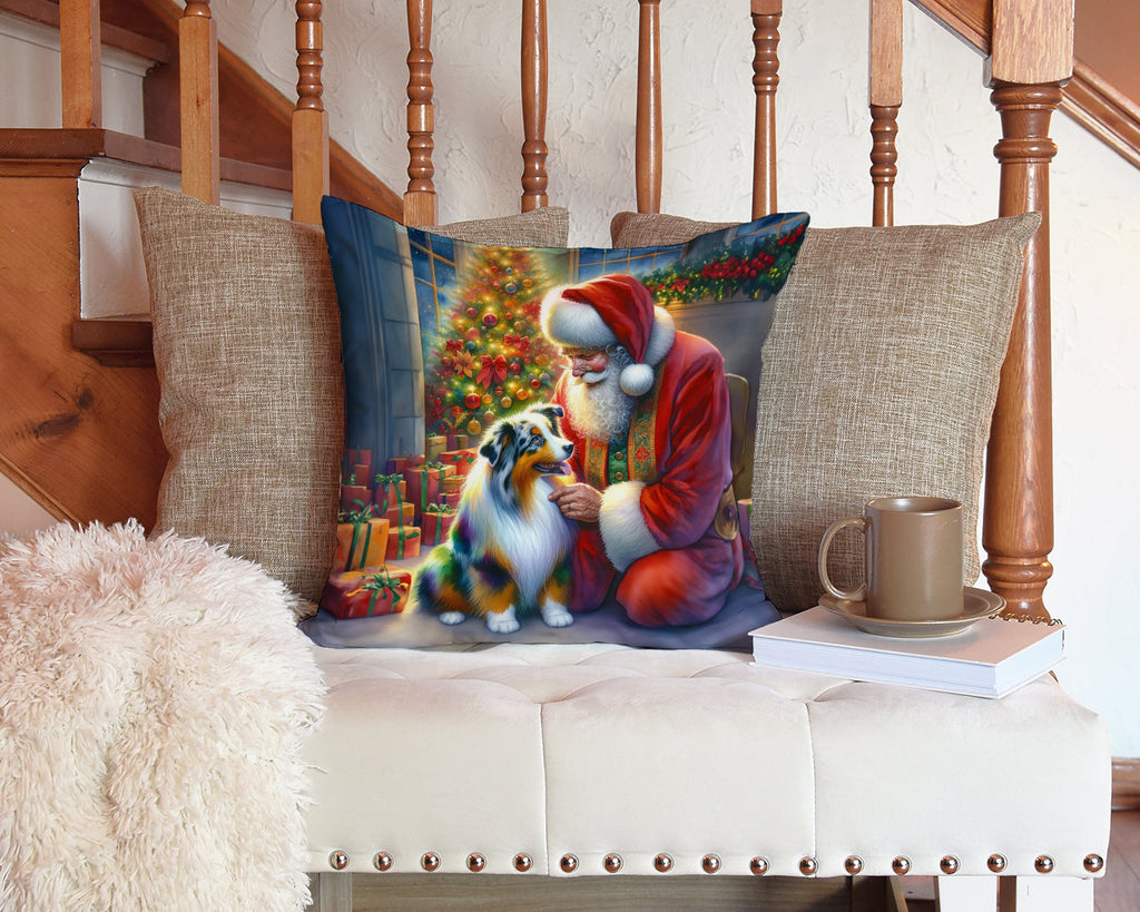 Australian Shepherd and Santa Claus Decorative Throw Pillow 14x14 Indoor Outdoor Accent Cushion, Fabric Cover with Insert for Sofa, Bed, Porch & Living Room