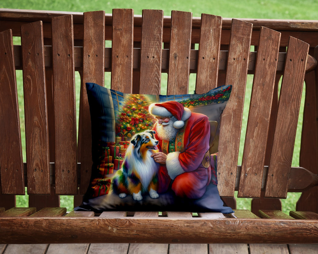 Australian Shepherd and Santa Claus Decorative Throw Pillow 14x14 Indoor Outdoor Accent Cushion, Fabric Cover with Insert for Sofa, Bed, Porch & Living Room