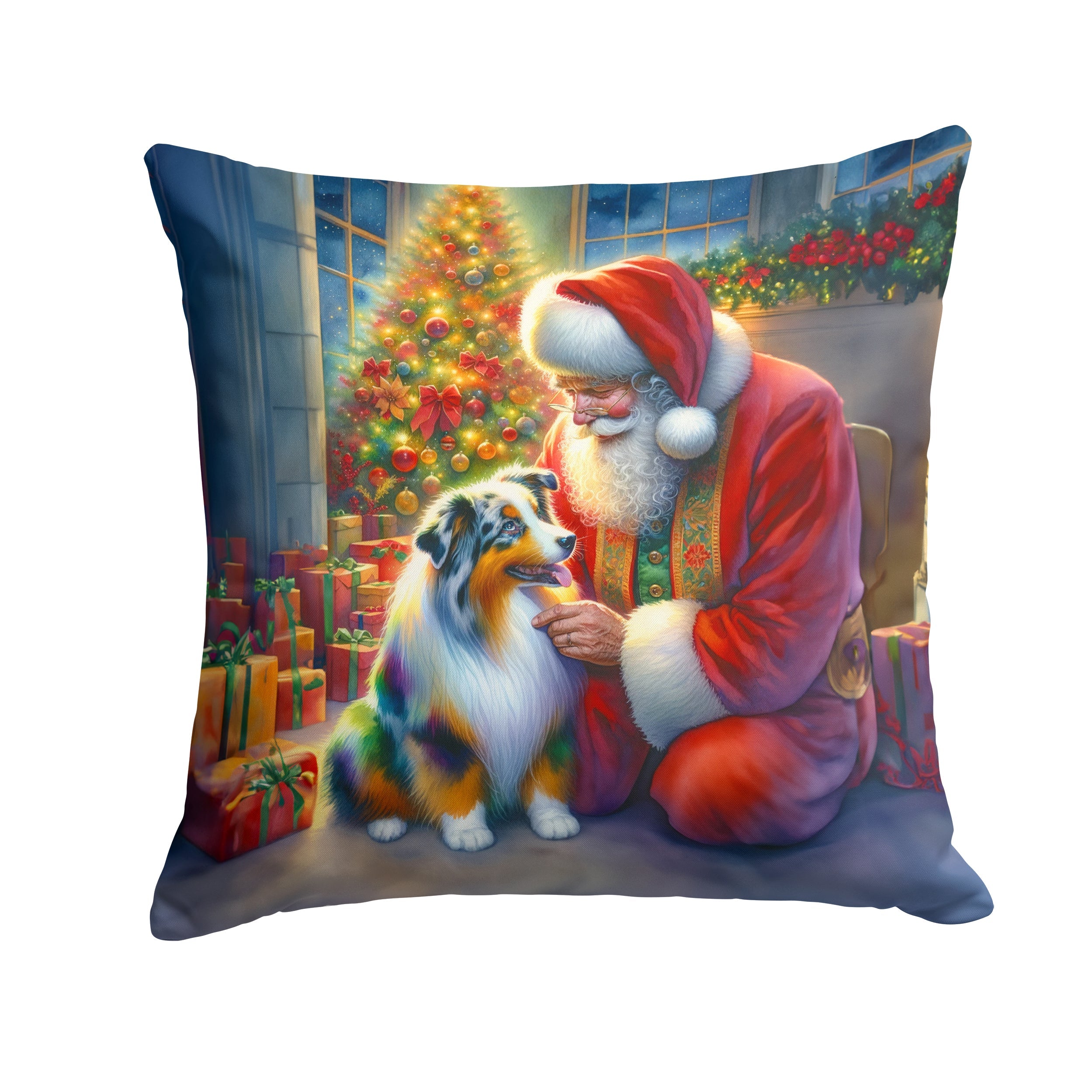 Australian Shepherd and Santa Claus Decorative Throw Pillow 18x18 Indoor Outdoor Accent Cushion, Fabric Cover with Insert for Sofa, Bed, Porch & Living Room
