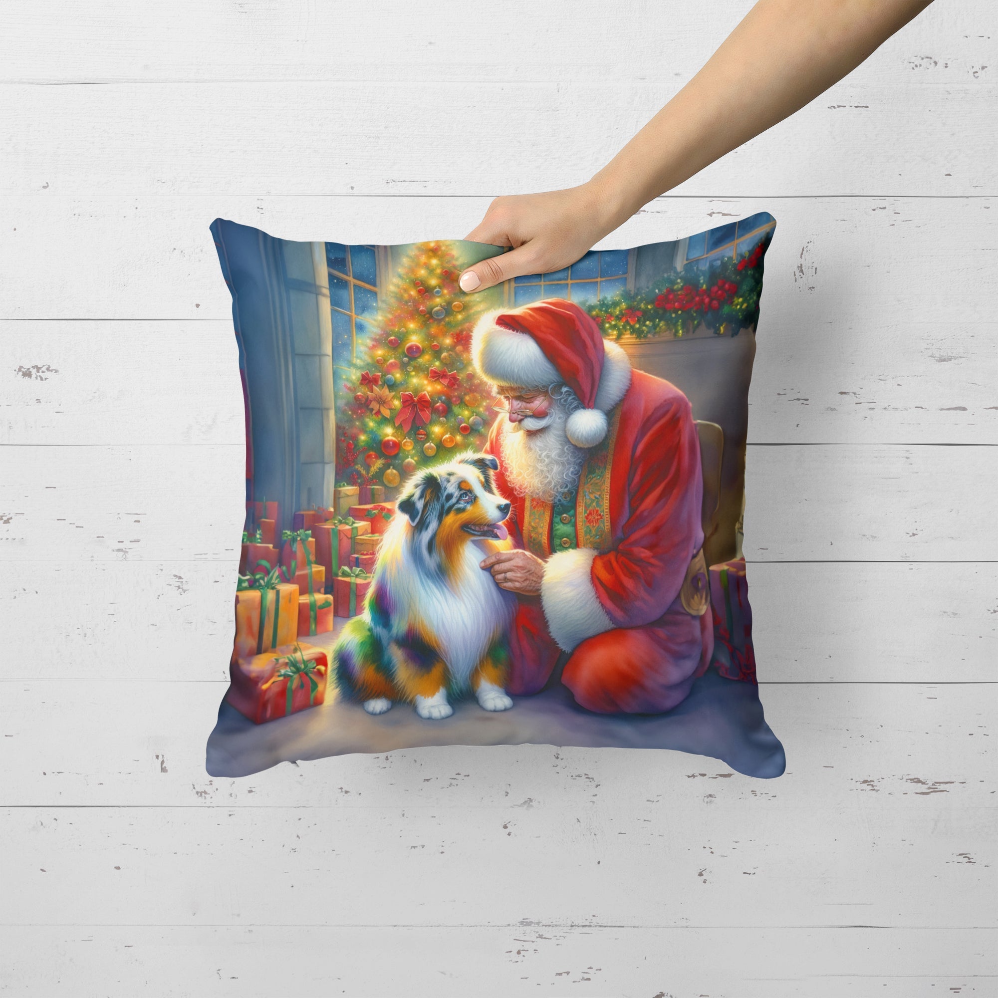 Australian Shepherd and Santa Claus Decorative Throw Pillow 18x18 Indoor Outdoor Accent Cushion, Fabric Cover with Insert for Sofa, Bed, Porch & Living Room