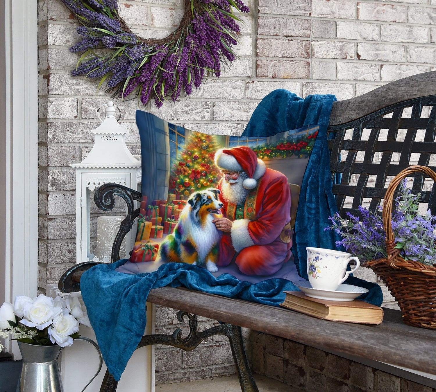 Australian Shepherd and Santa Claus Decorative Throw Pillow 18x18 Indoor Outdoor Accent Cushion, Fabric Cover with Insert for Sofa, Bed, Porch & Living Room