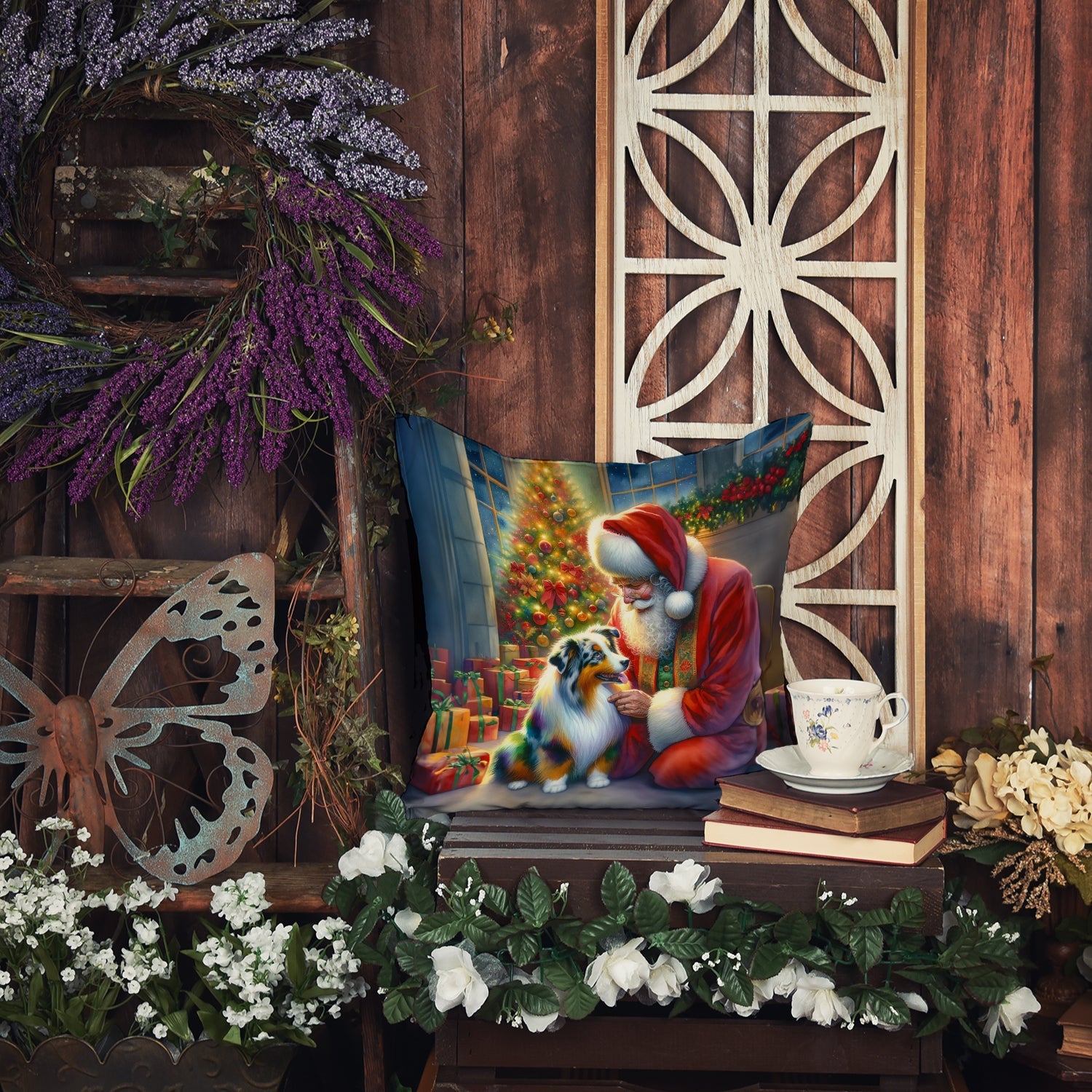 Australian Shepherd and Santa Claus Decorative Throw Pillow 18x18 Indoor Outdoor Accent Cushion, Fabric Cover with Insert for Sofa, Bed, Porch & Living Room