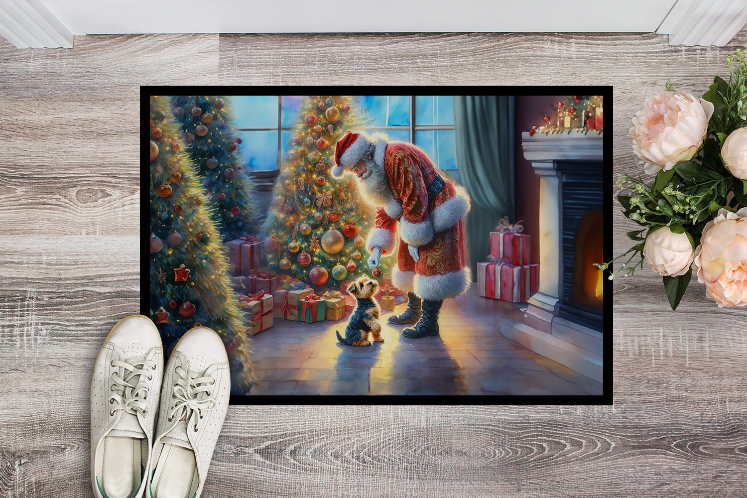 Australian Terrier and Santa Claus Doormat Indoor Outdoor 24H X 36W Front Door Mat Rugs for Entryway, Non Slip Washable Low Pile,