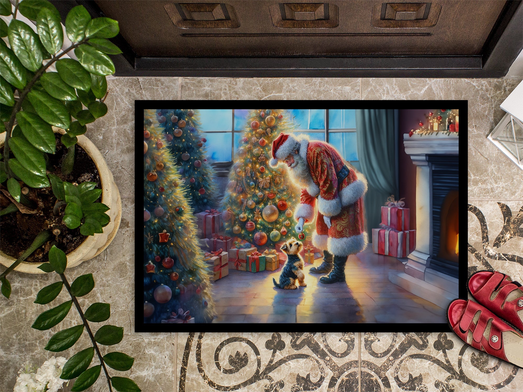 Australian Terrier and Santa Claus Doormat Indoor Outdoor 24H X 36W Front Door Mat Rugs for Entryway, Non Slip Washable Low Pile,