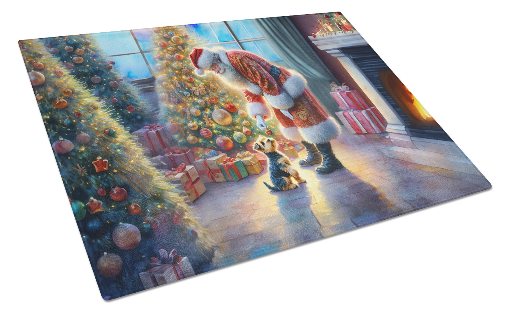 Australian Terrier and Santa Claus Cutting Board Tempered Glass Kitchen Cutting Surface, Heat Resistant Chopping, Non-Slip Feet, Food Prep & Serving