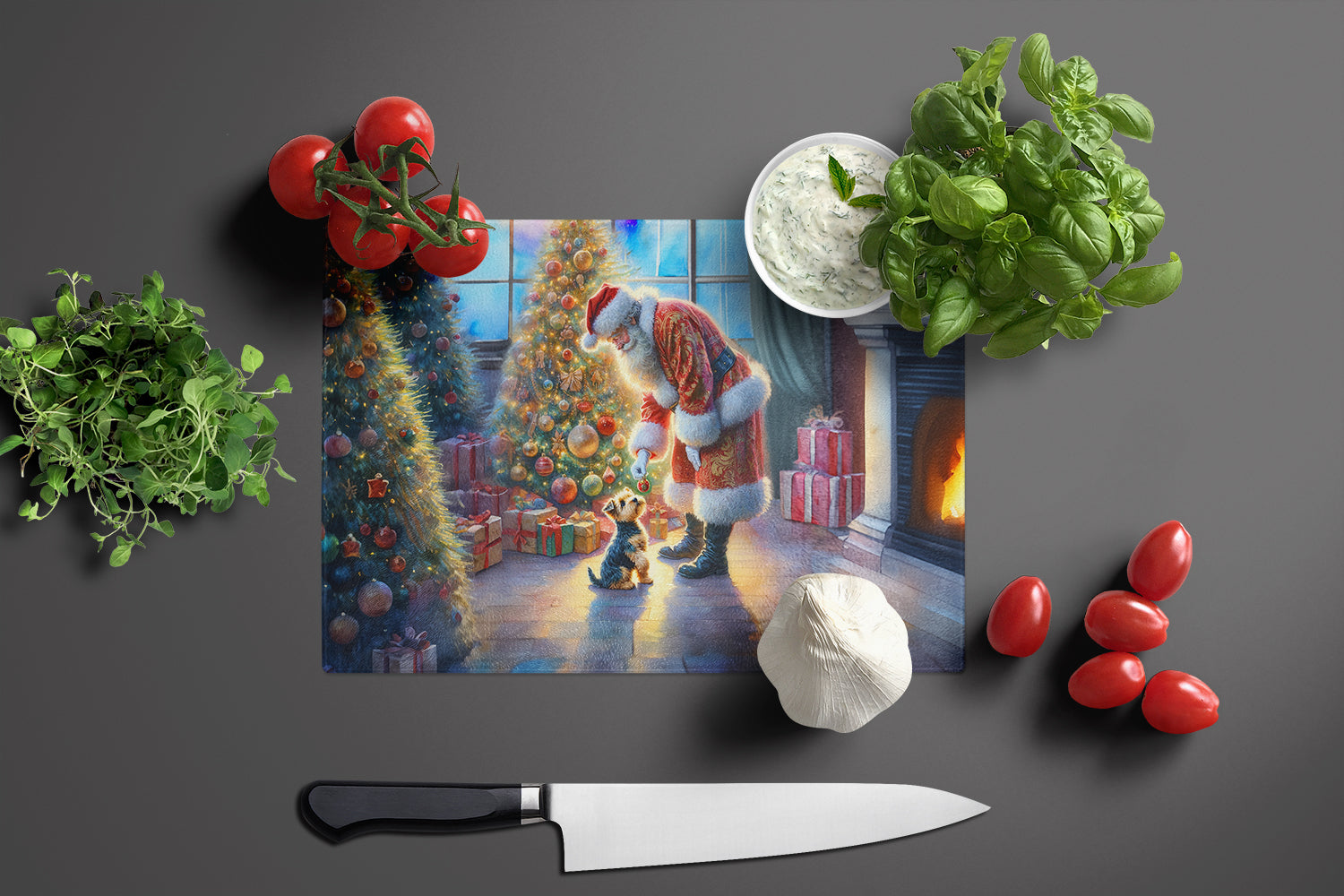 Australian Terrier and Santa Claus Cutting Board Tempered Glass Kitchen Cutting Surface, Heat Resistant Chopping, Non-Slip Feet, Food Prep & Serving