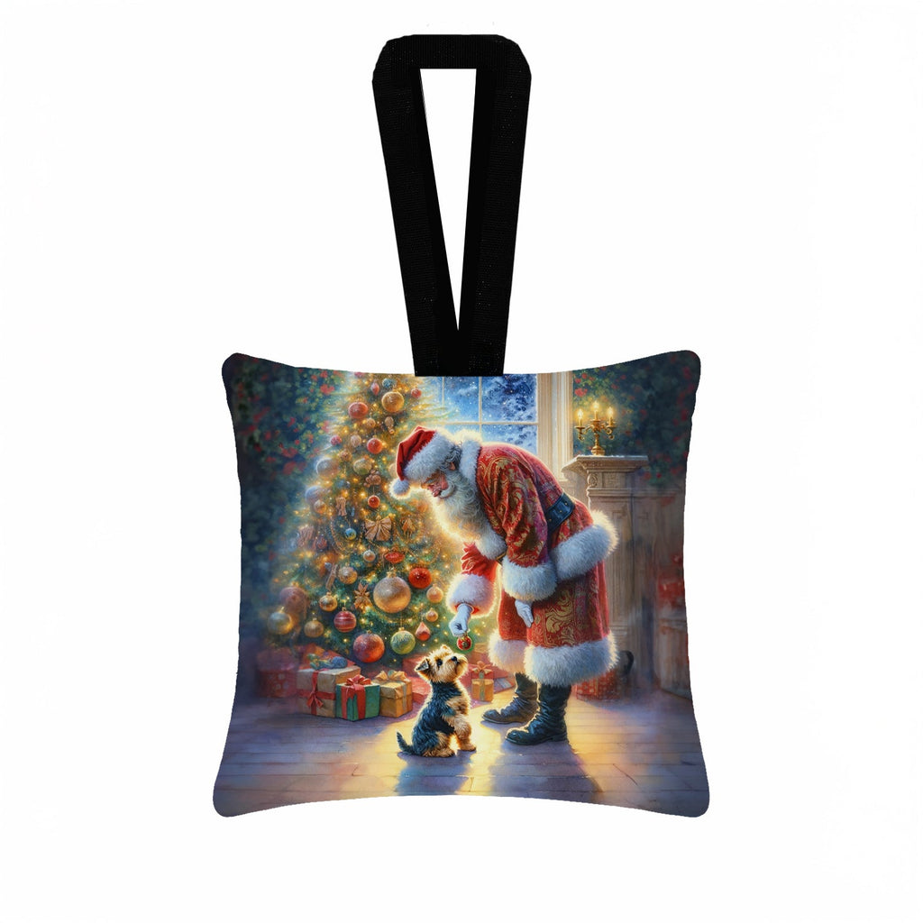 Australian Terrier and Santa Claus Hanging Square Fabric Ornament 3.5 × 3.5 Decorative Door-Knob & Tree Hanger, Soft Fabric