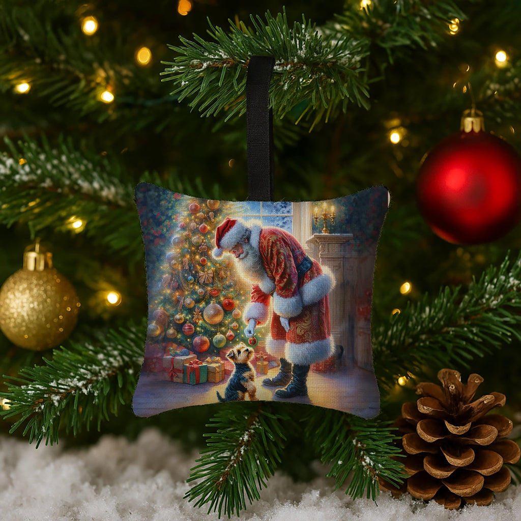 Australian Terrier and Santa Claus Hanging Square Fabric Ornament 3.5 × 3.5 Decorative Door-Knob & Tree Hanger, Soft Fabric
