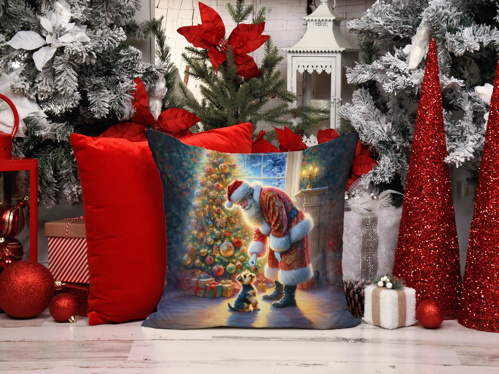 Australian Terrier and Santa Claus Decorative Throw Pillow 14x14 Indoor Outdoor Accent Cushion, Fabric Cover with Insert for Sofa, Bed, Porch & Living Room