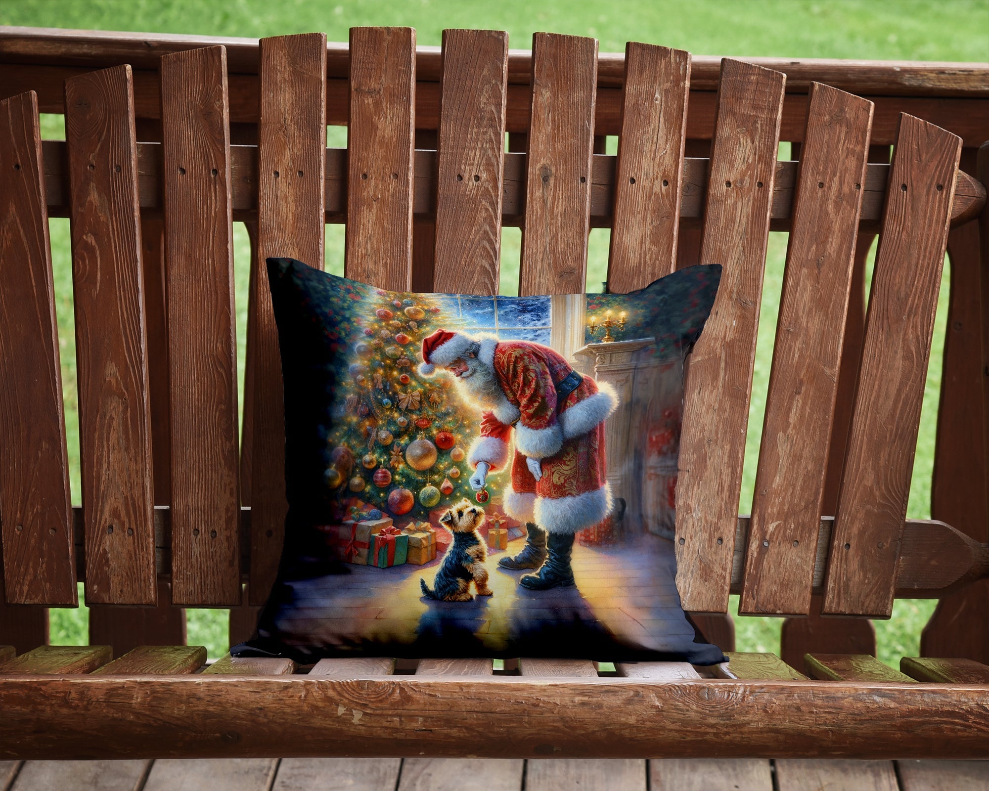 Australian Terrier and Santa Claus Decorative Throw Pillow 14x14 Indoor Outdoor Accent Cushion, Fabric Cover with Insert for Sofa, Bed, Porch & Living Room
