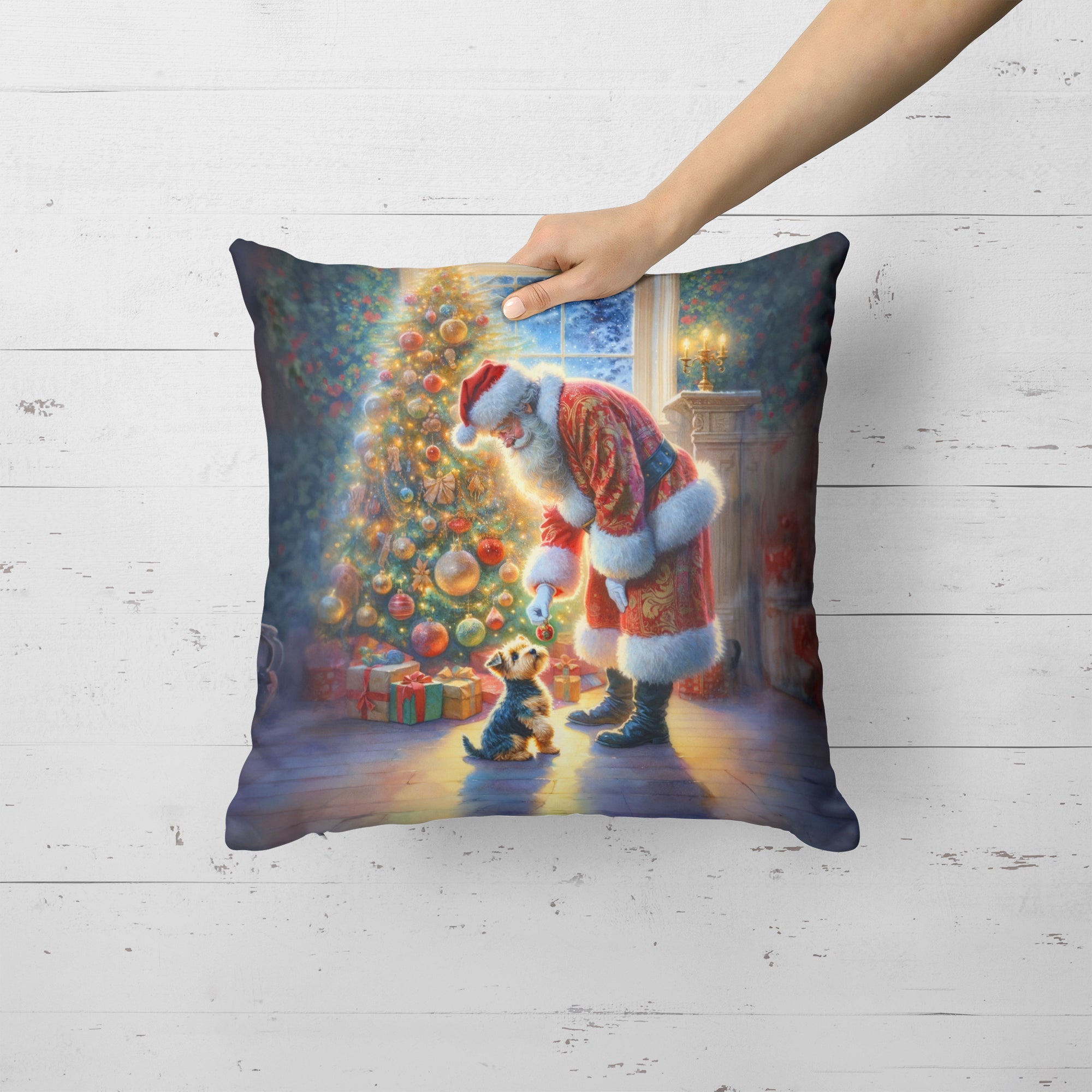 Australian Terrier and Santa Claus Decorative Throw Pillow 18x18 Indoor Outdoor Accent Cushion, Fabric Cover with Insert for Sofa, Bed, Porch & Living Room