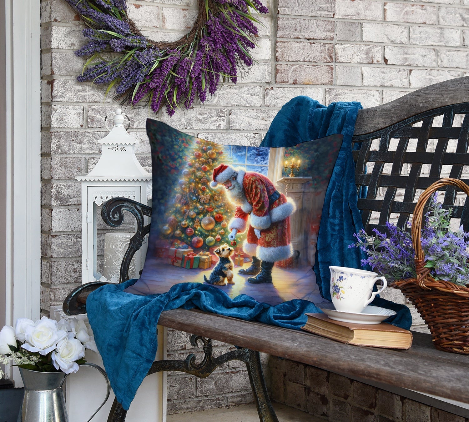 Australian Terrier and Santa Claus Decorative Throw Pillow 18x18 Indoor Outdoor Accent Cushion, Fabric Cover with Insert for Sofa, Bed, Porch & Living Room