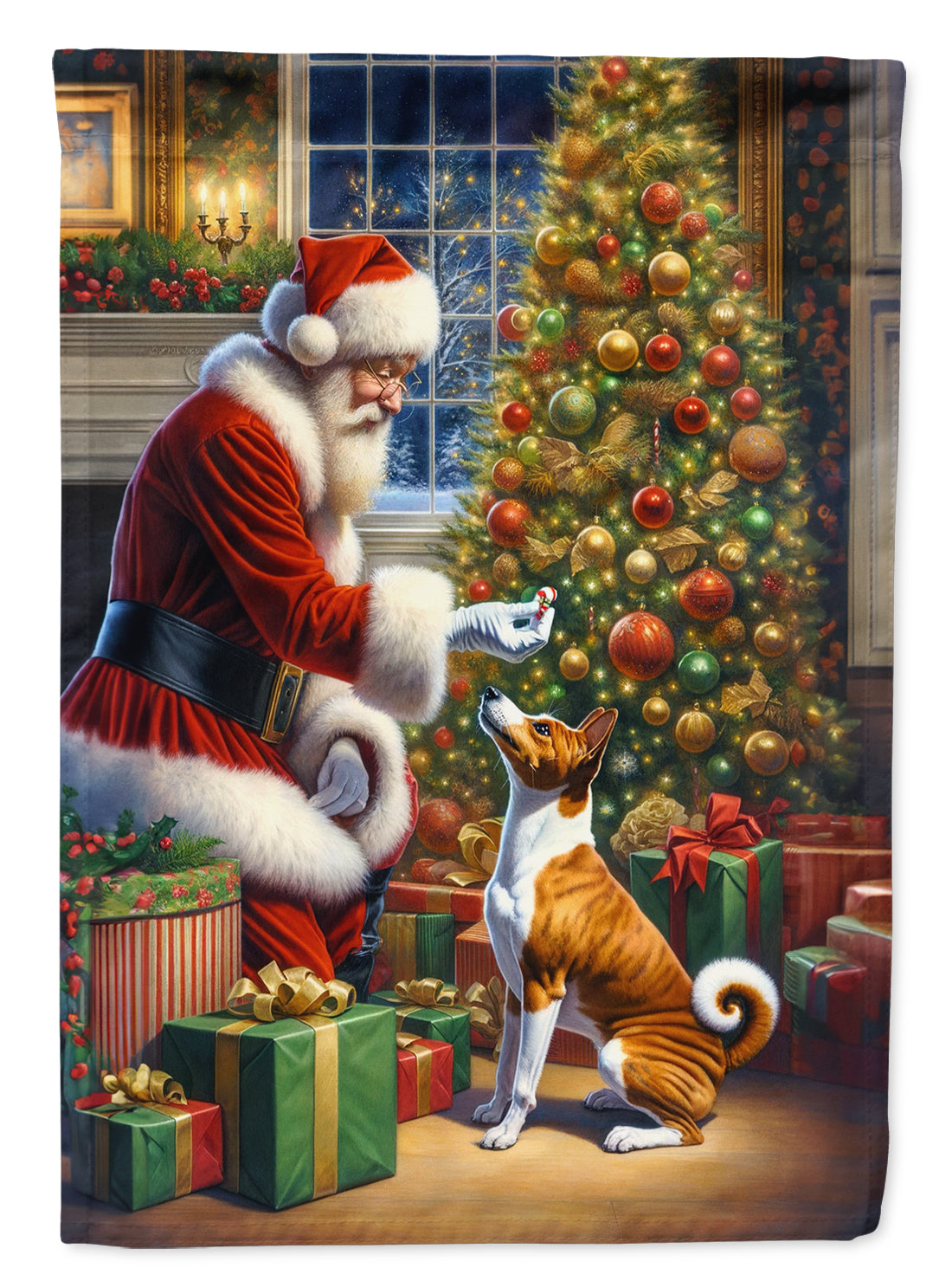 Basenji and Santa Claus House Flag 28x40 Porch Sleeve Pole Decorative Outside Yard Banner Artwork Wall Hanging, Polyester