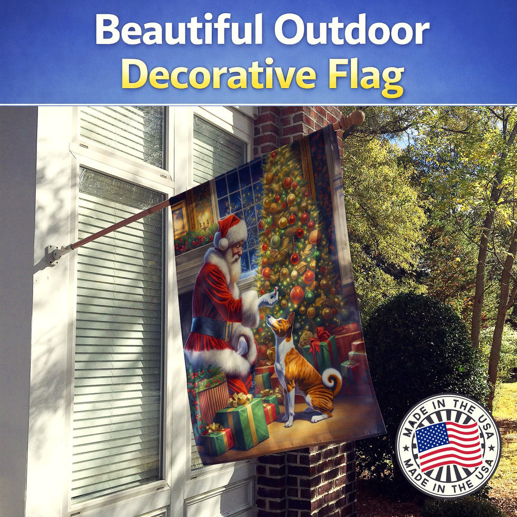 Basenji and Santa Claus House Flag 28x40 Porch Sleeve Pole Decorative Outside Yard Banner Artwork Wall Hanging, Polyester