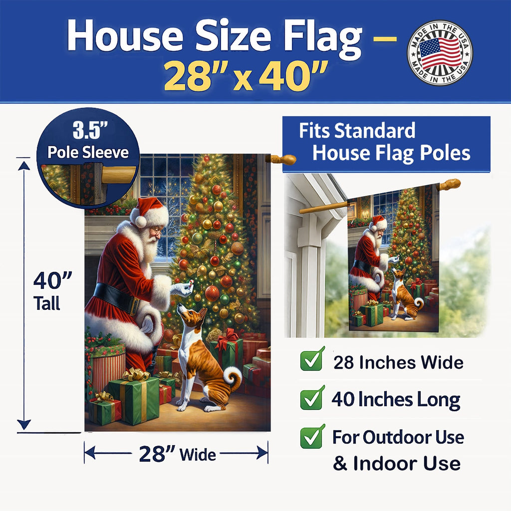 Basenji and Santa Claus House Flag 28x40 Porch Sleeve Pole Decorative Outside Yard Banner Artwork Wall Hanging, Polyester