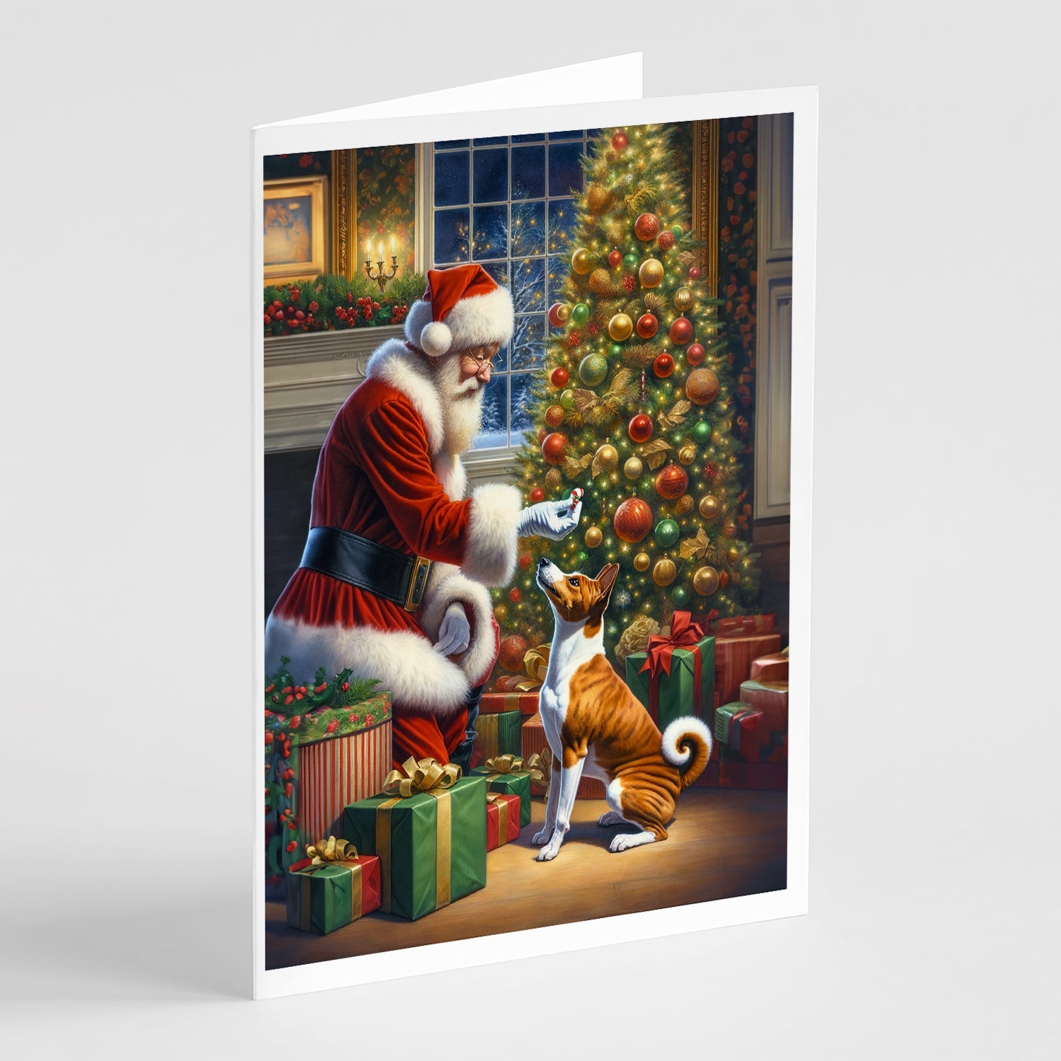 Basenji and Santa Claus Greeting Cards Pack of 8 Blank Cards with Envelopes Whimsical A7 Size 5x7