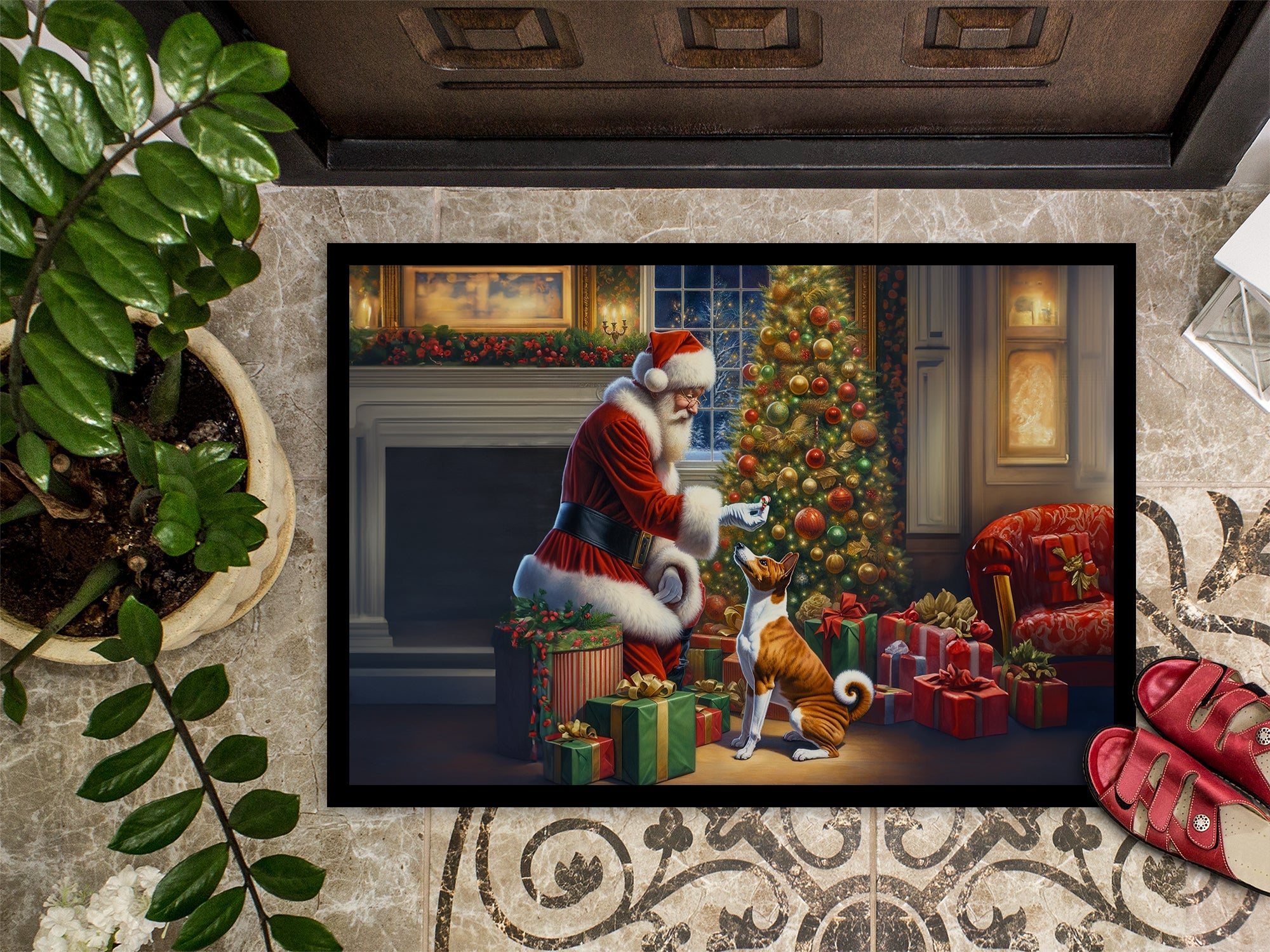 Basenji and Santa Claus Doormat Indoor Outdoor 24H X 36W Front Door Mat Rugs for Entryway, Non Slip Washable Low Pile,