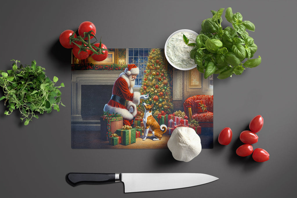 Basenji and Santa Claus Cutting Board Tempered Glass Kitchen Cutting Surface, Heat Resistant Chopping, Non-Slip Feet, Food Prep & Serving