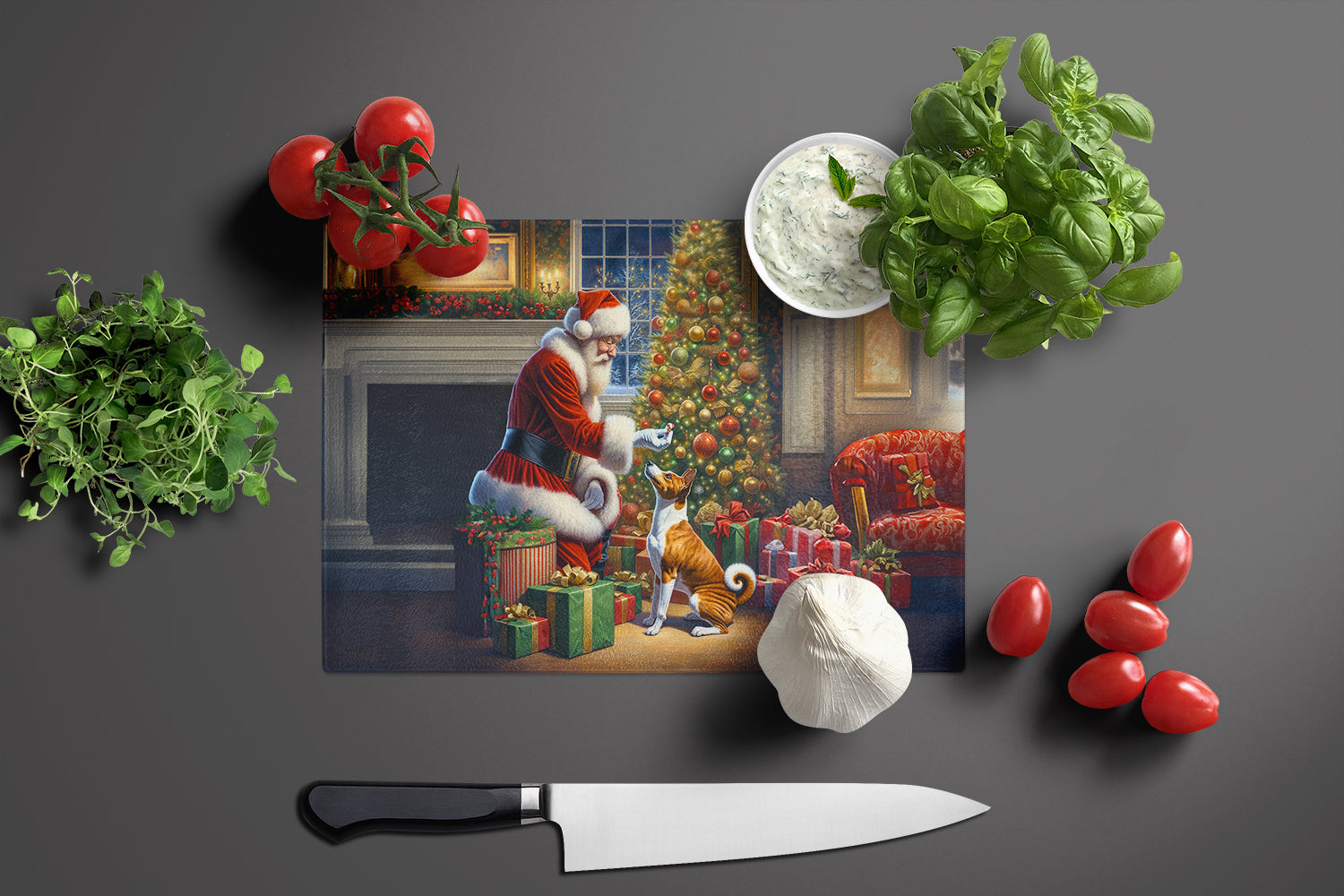 Basenji and Santa Claus Cutting Board Tempered Glass Kitchen Cutting Surface, Heat Resistant Chopping, Non-Slip Feet, Food Prep & Serving