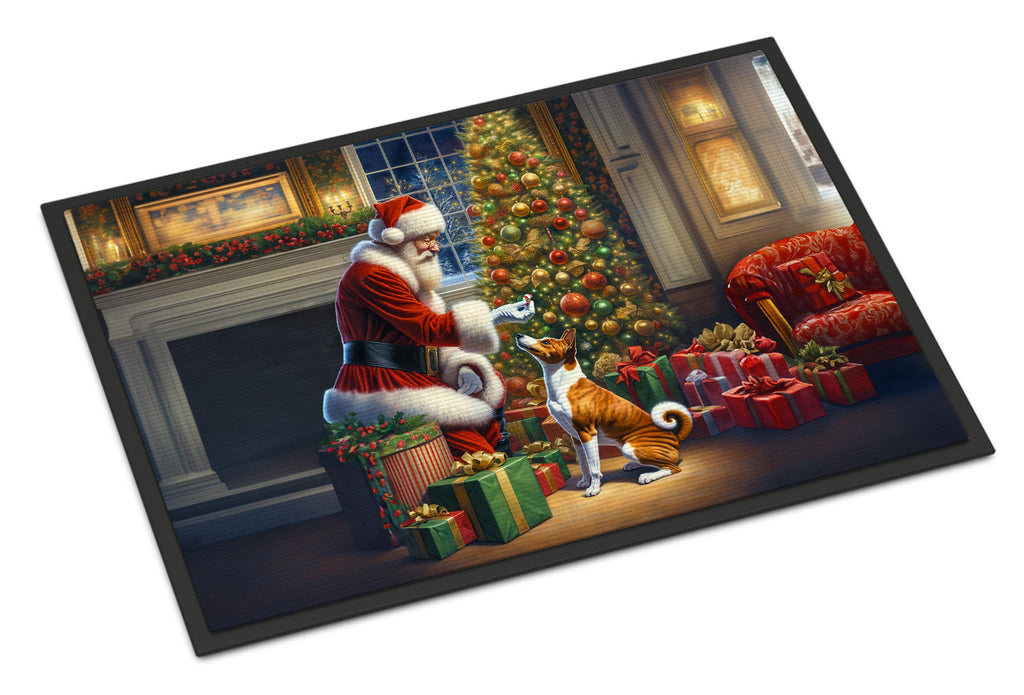 Basenji and Santa Claus Doormat Indoor Outdoor 18H X 27W Front Door Mat Rugs for Entryway, Non Slip Washable