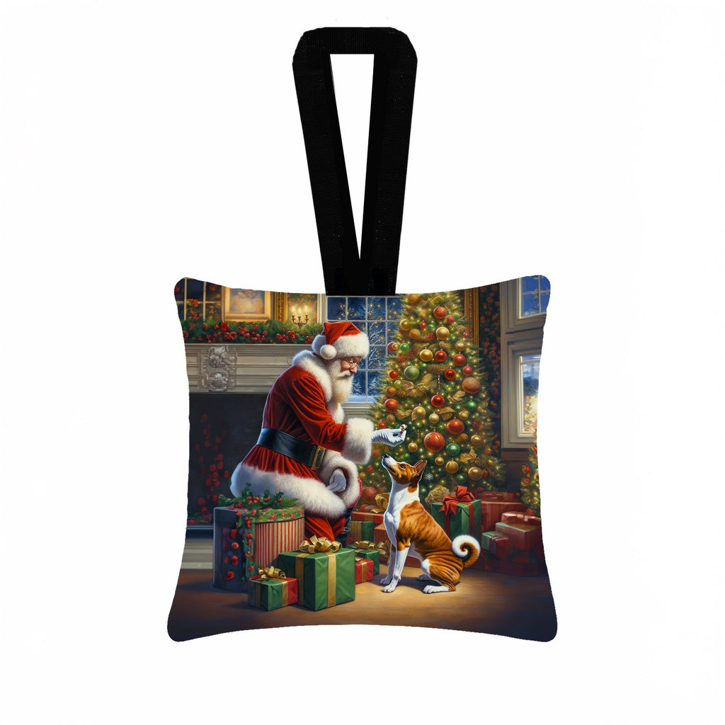 Basenji and Santa Claus Hanging Square Fabric Ornament 3.5 × 3.5 Decorative Door-Knob & Tree Hanger, Soft Fabric