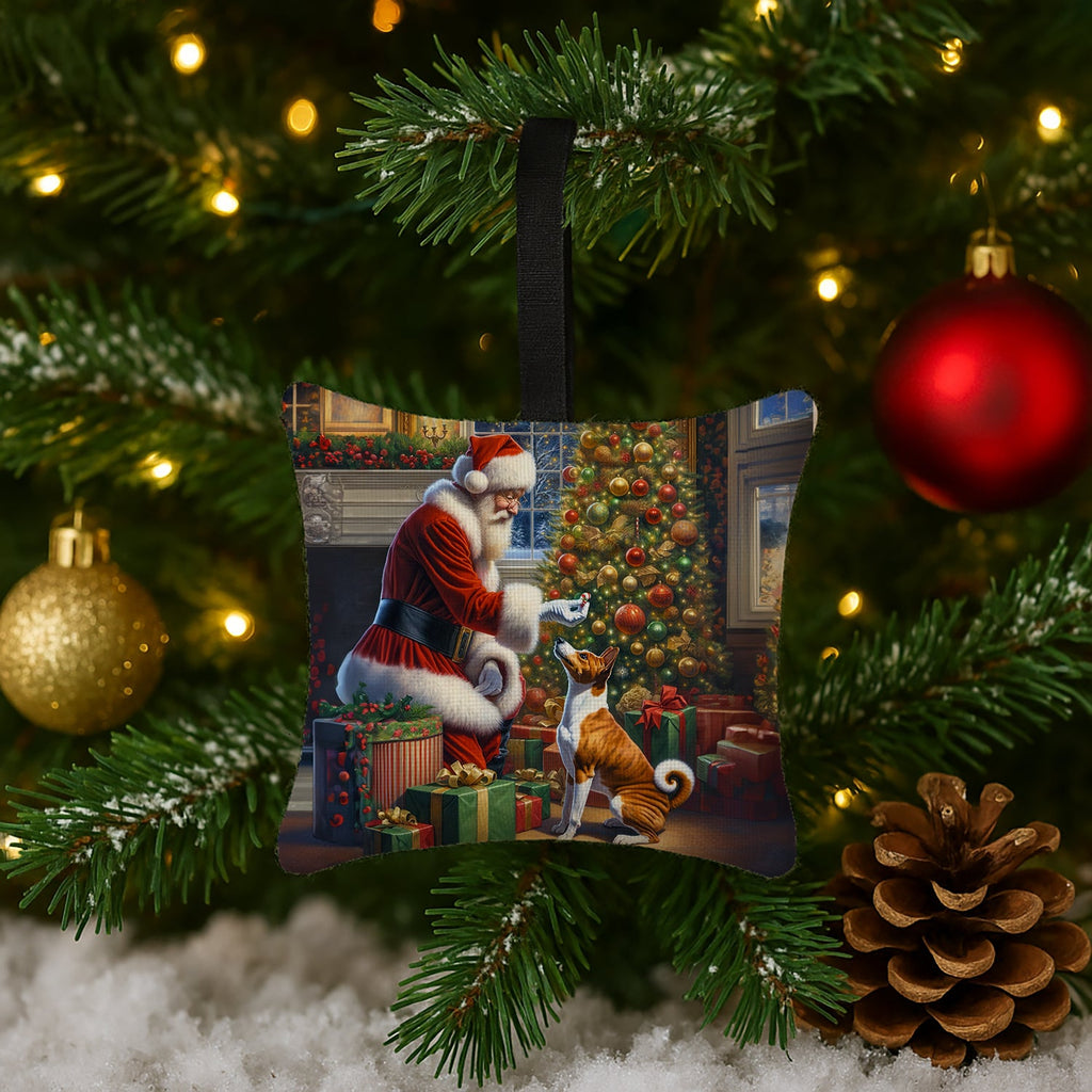 Basenji and Santa Claus Hanging Square Fabric Ornament 3.5 × 3.5 Decorative Door-Knob & Tree Hanger, Soft Fabric