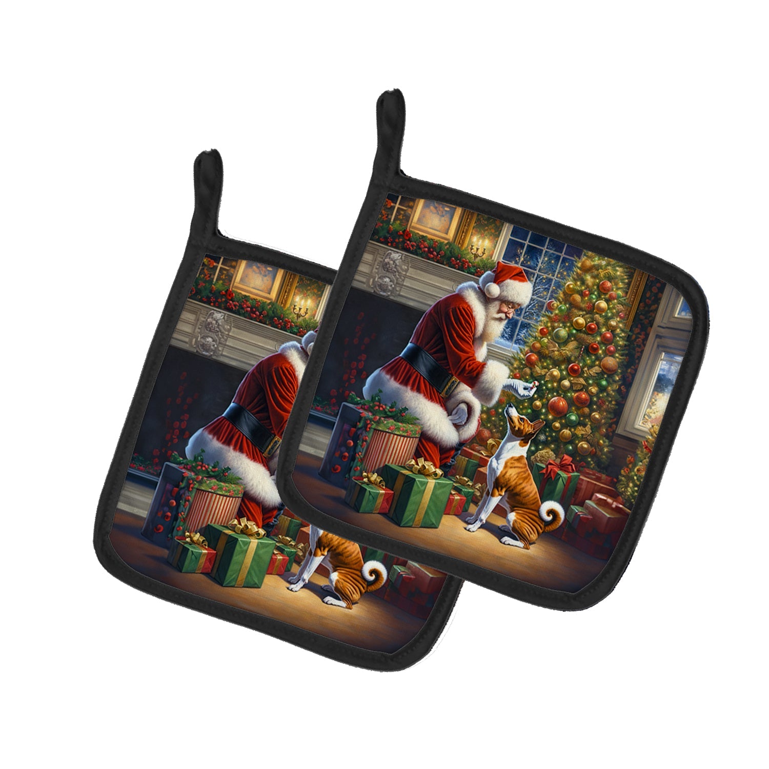 Basenji and Santa Claus Pot Holder Set of 2 Heat Resistant Quilted Hot Pads 7.5 x 7.5 Inch, Insulated Kitchen Trivets for Cooking & Baking