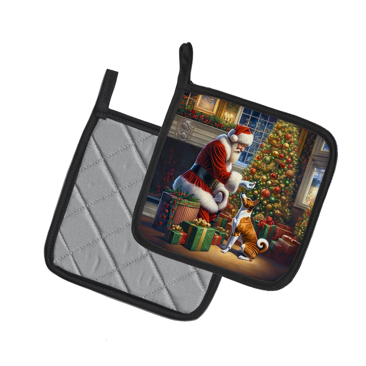 Basenji and Santa Claus Pot Holder Set of 2 Heat Resistant Quilted Hot Pads 7.5 x 7.5 Inch, Insulated Kitchen Trivets for Cooking & Baking