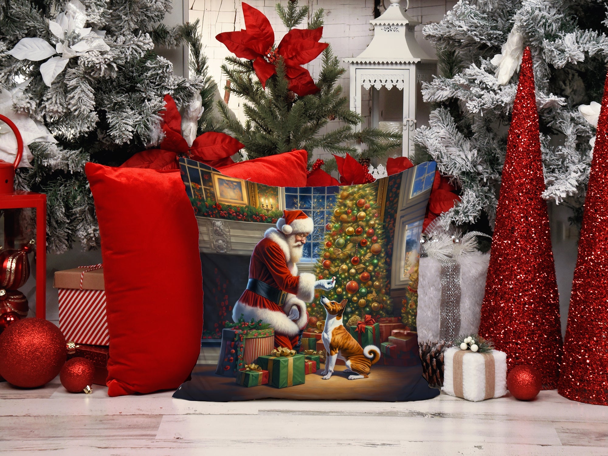 Basenji and Santa Claus Decorative Throw Pillow 14x14 Indoor Outdoor Accent Cushion, Fabric Cover with Insert for Sofa, Bed, Porch & Living Room
