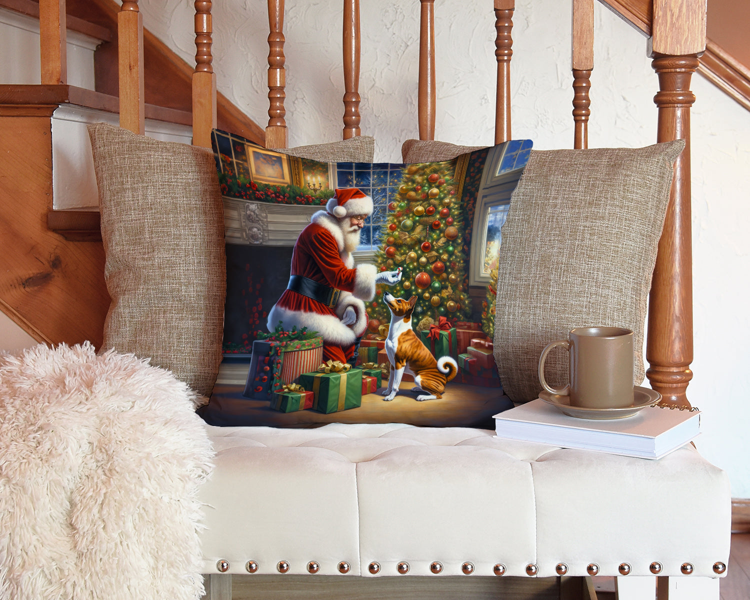 Basenji and Santa Claus Decorative Throw Pillow 14x14 Indoor Outdoor Accent Cushion, Fabric Cover with Insert for Sofa, Bed, Porch & Living Room