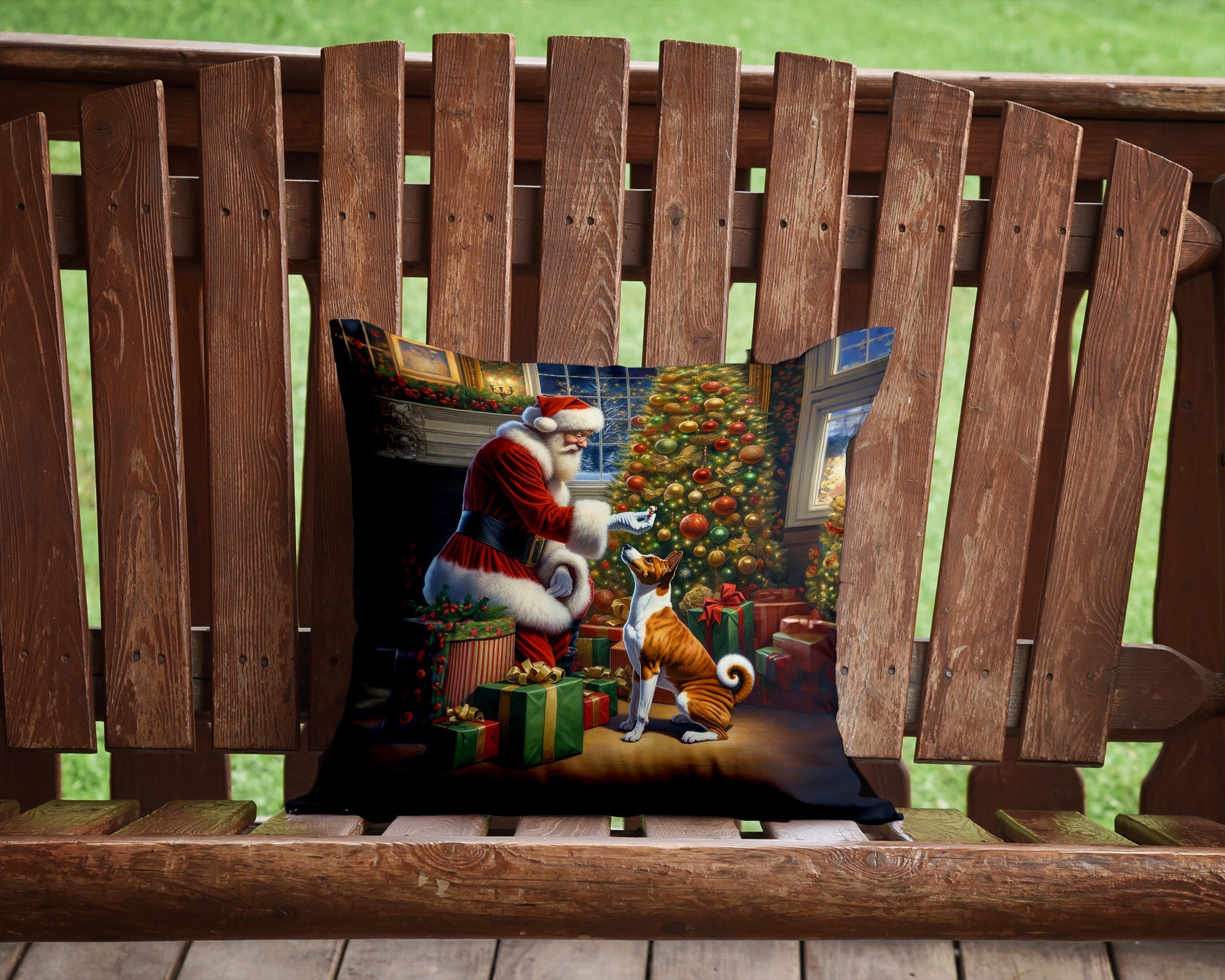 Basenji and Santa Claus Decorative Throw Pillow 14x14 Indoor Outdoor Accent Cushion, Fabric Cover with Insert for Sofa, Bed, Porch & Living Room