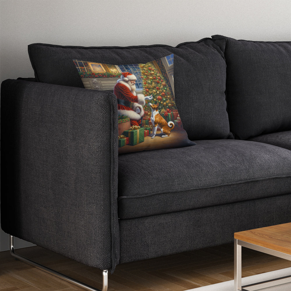 Basenji and Santa Claus Decorative Throw Pillow 14x14 Indoor Outdoor Accent Cushion, Fabric Cover with Insert for Sofa, Bed, Porch & Living Room