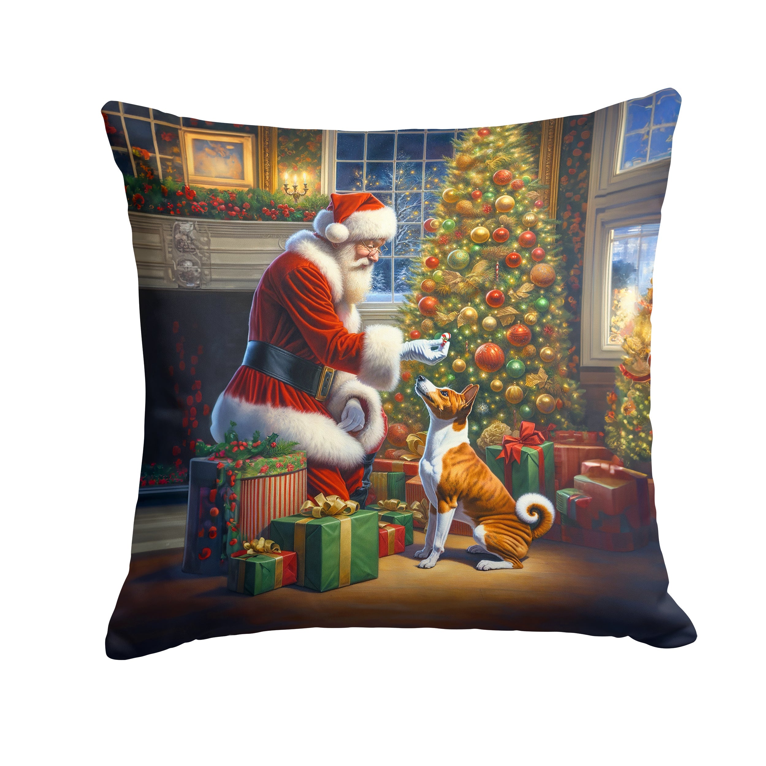 Basenji and Santa Claus Decorative Throw Pillow 18x18 Indoor Outdoor Accent Cushion, Fabric Cover with Insert for Sofa, Bed, Porch & Living Room
