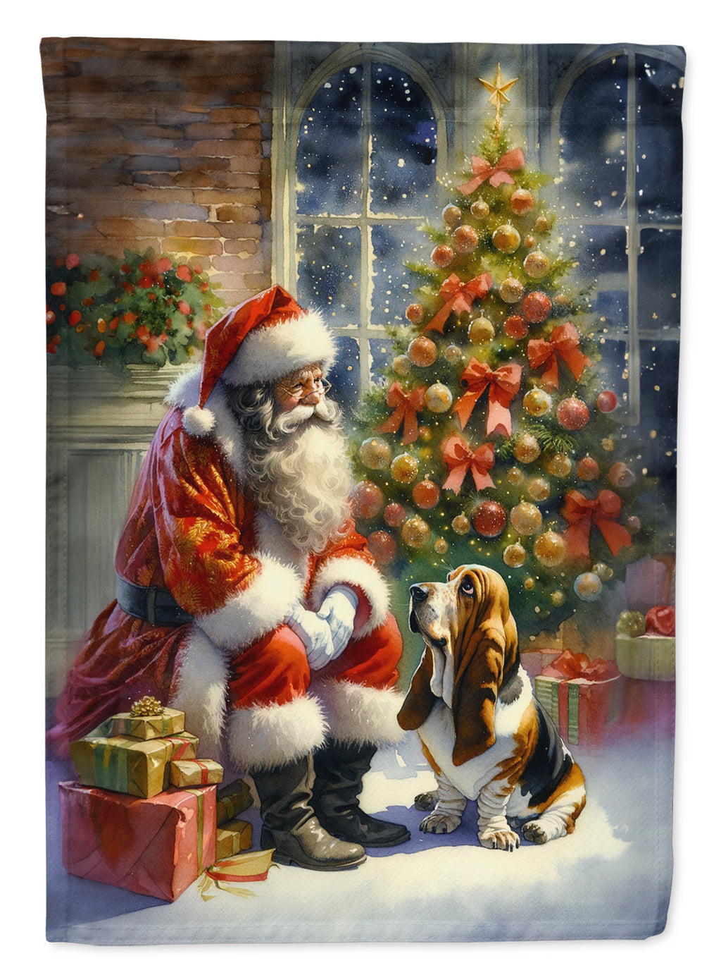 Basset Hound and Santa Claus House Flag 28x40 Porch Sleeve Pole Decorative Outside Yard Banner Artwork Wall Hanging, Polyester